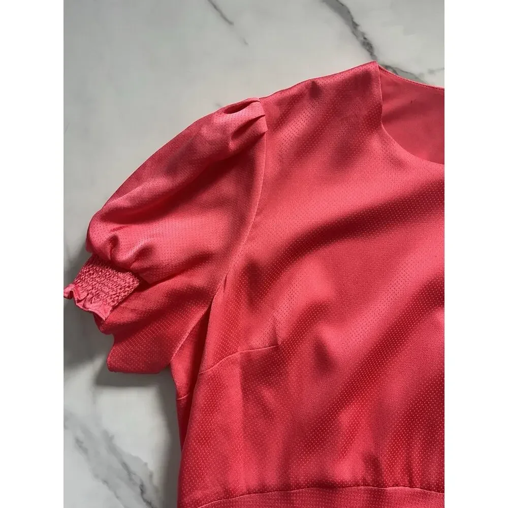 Ted Baker Textured Satin Midi Dress Size 12 Coral Pink Puff Sleeve modest chic - Picture 10 of 12